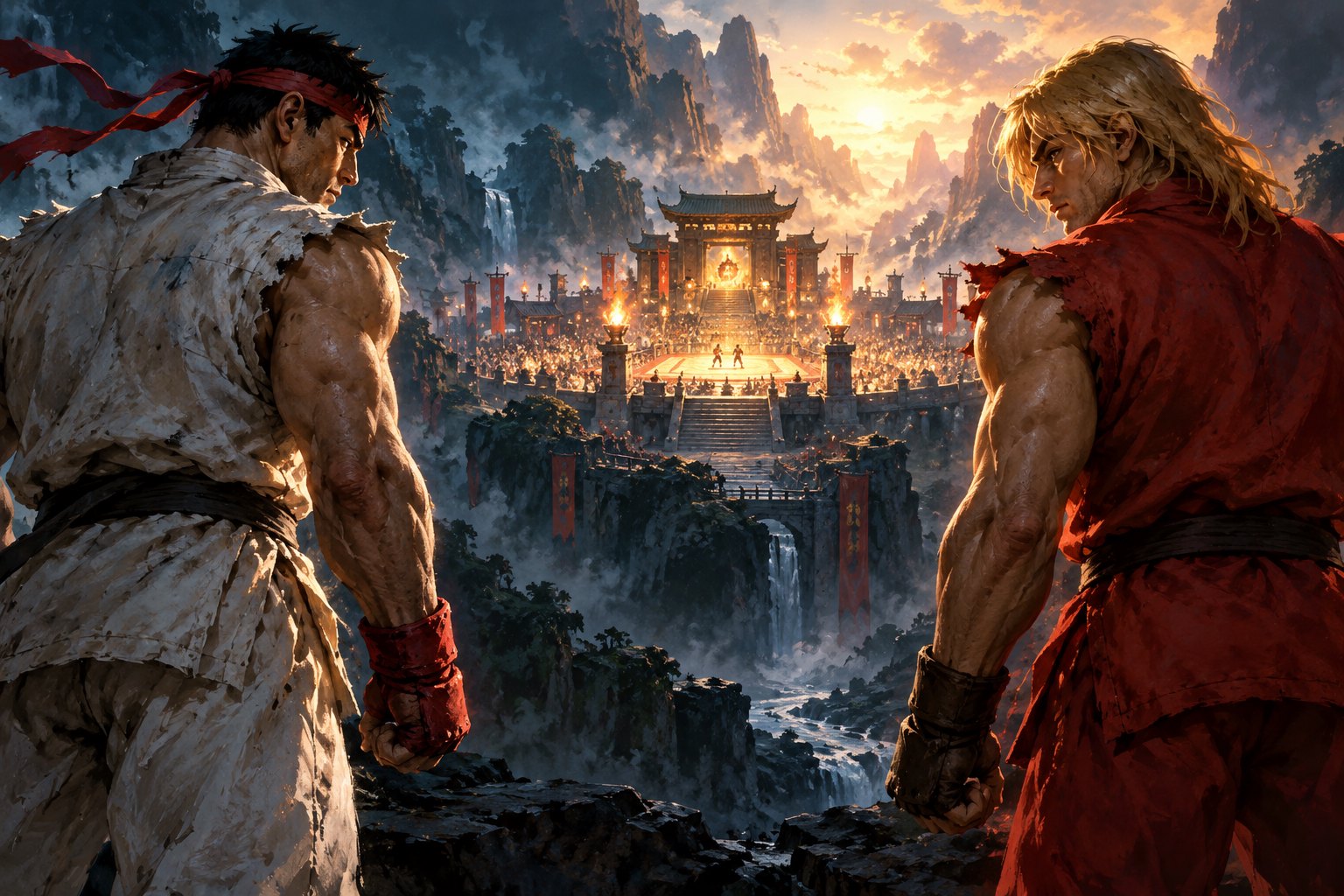 Conceptual illustration of Ryu and Ken standing apart above an illuminated martial arts arena in a mountainous landscape.