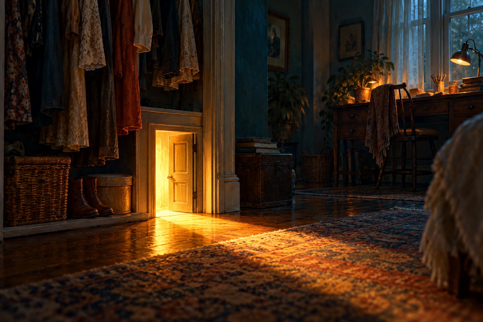 Conceptual illustration of a small glowing door inside a dark closet, with a writing desk beyond.