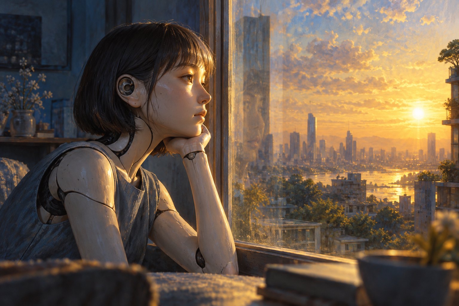 Concept illustration of a thoughtful android beside a window overlooking a city in golden sunlight.