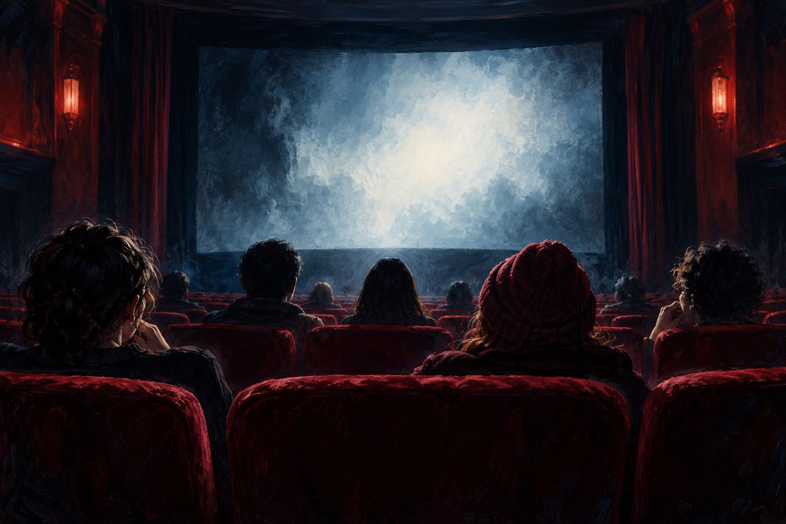 Editorial illustration of anonymous moviegoers facing a pale illuminated screen in a dark cinema with burgundy seats.