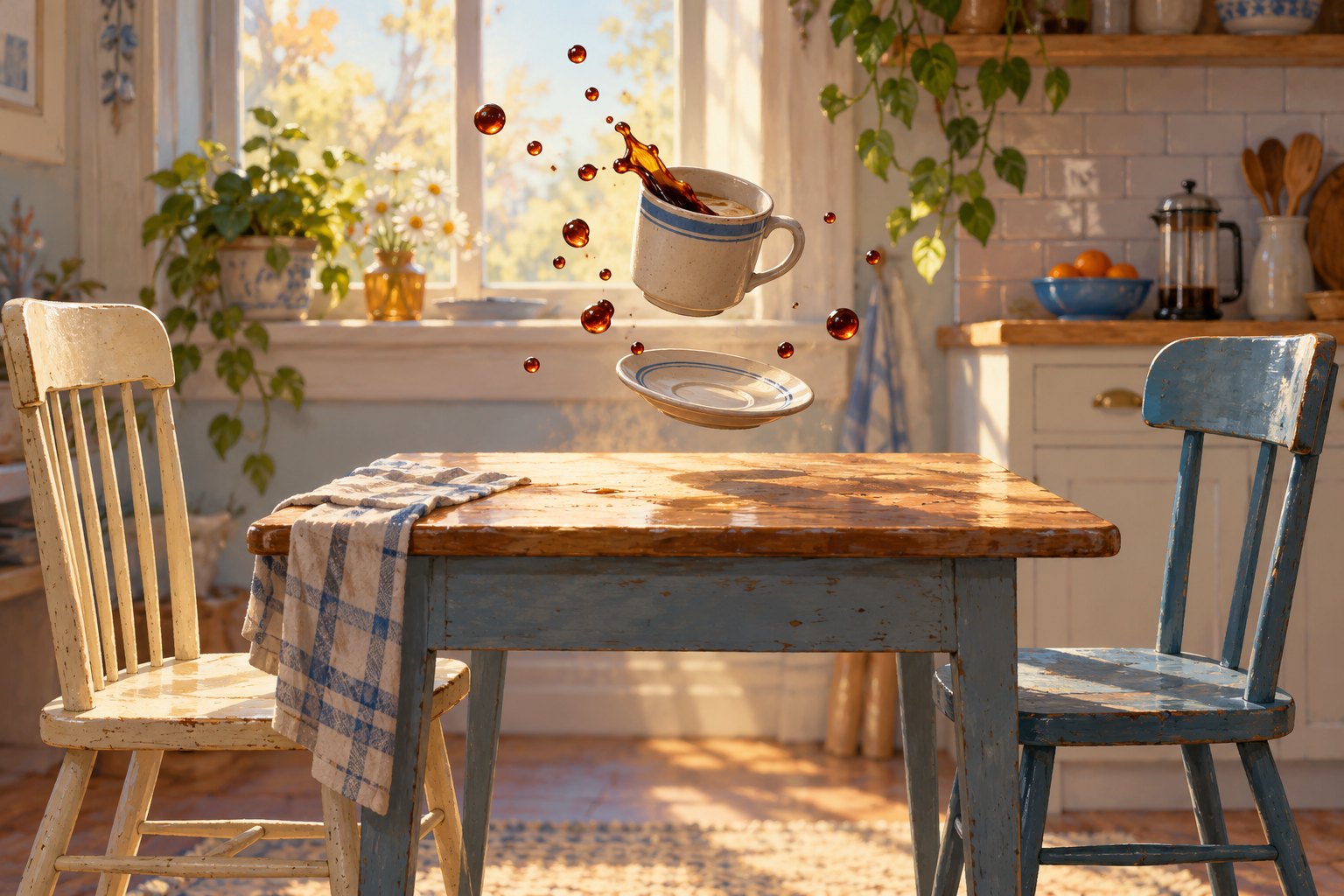 Conceptual illustration of a floating coffee cup, saucer, and suspended droplets above a kitchen table between two empty chairs.