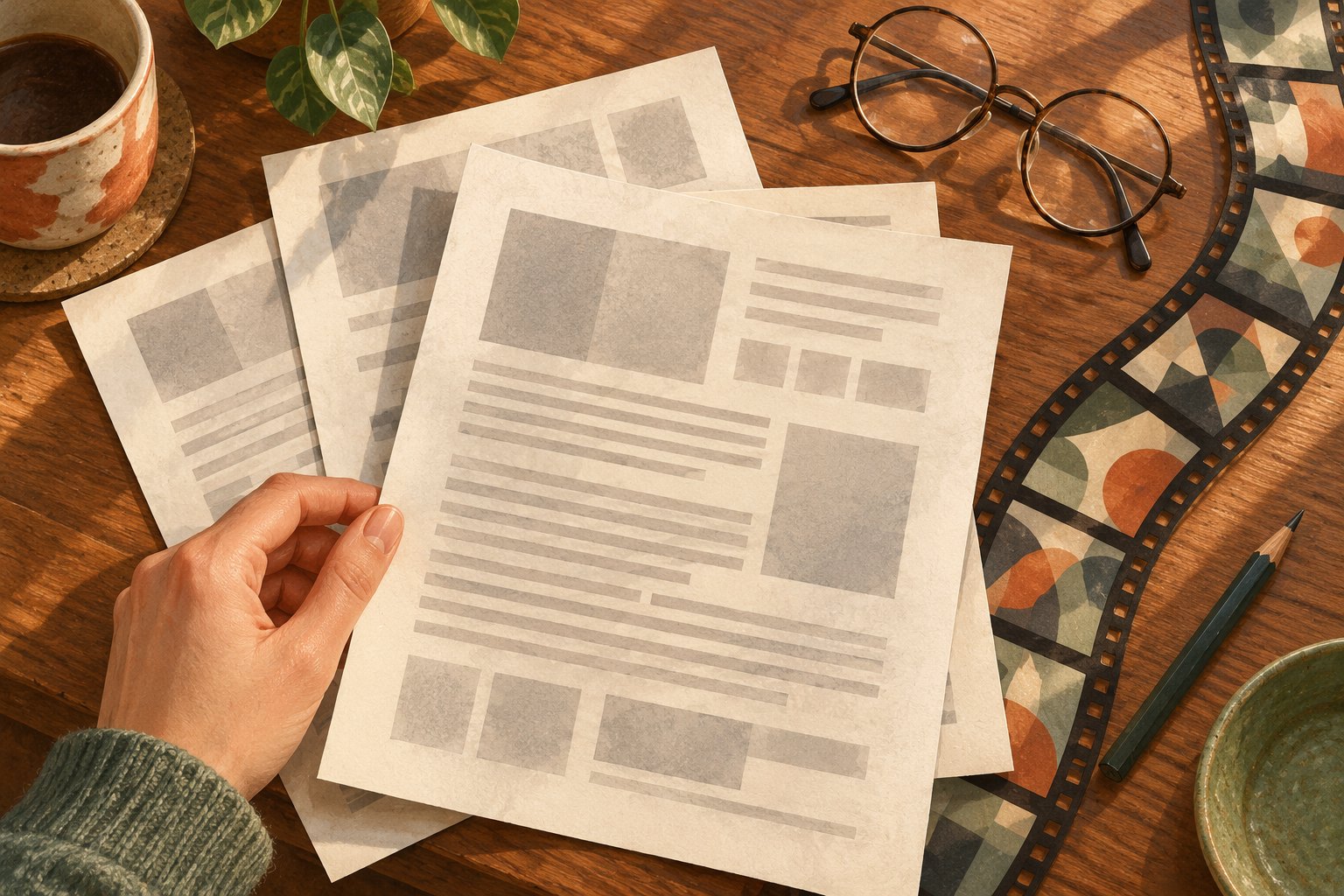 Illustration of a reader examining papers beside glasses, a pencil, and an abstract filmstrip on a wooden table.