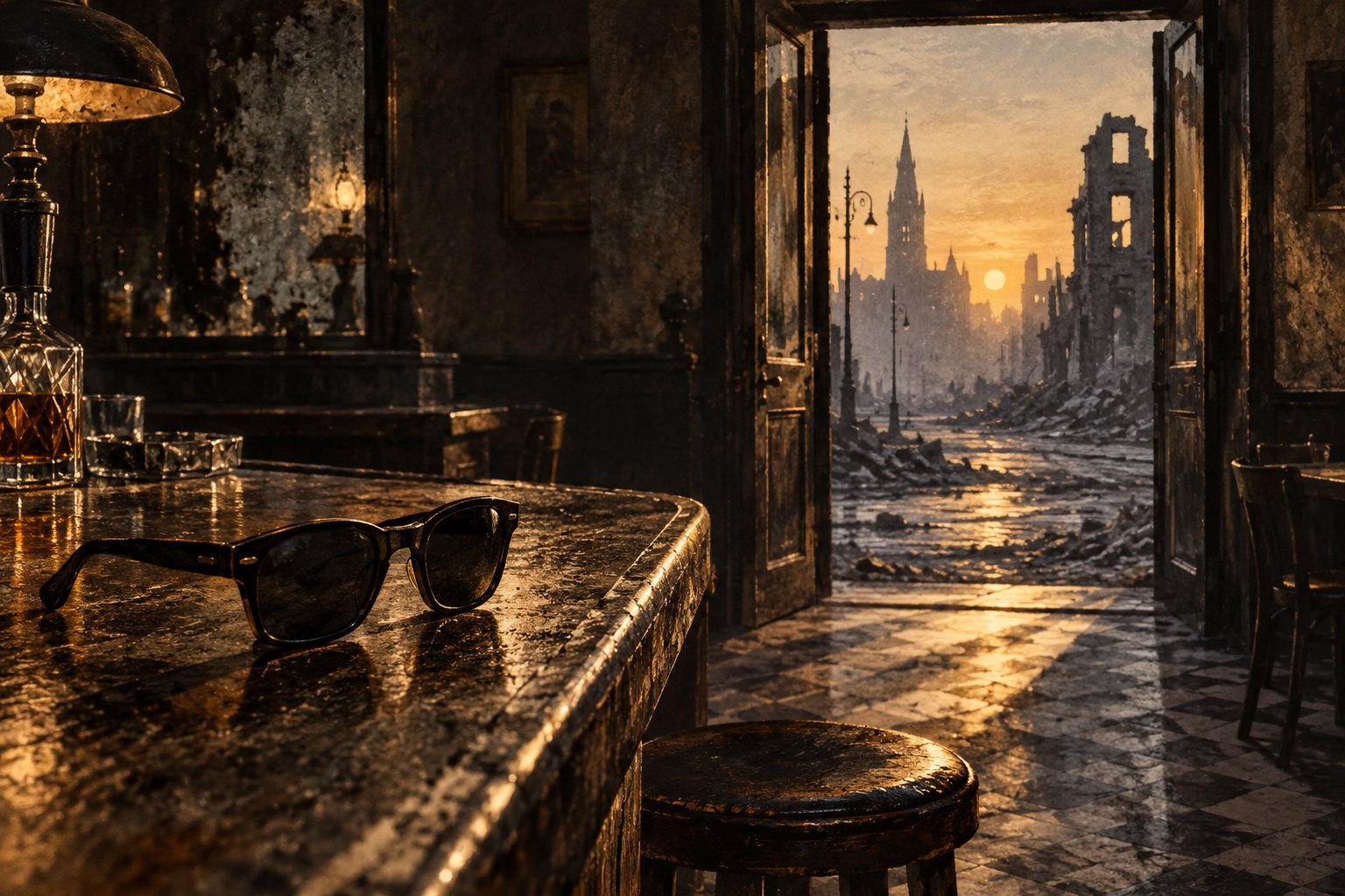 Symbolic illustration of dark sunglasses on a worn hotel bar overlooking a war-damaged street at dawn.