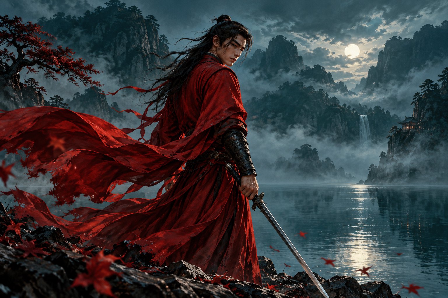 原创武侠意象插画：红衣侠客持剑立于青色湖畔，衣袖与水雾映衬冷峻气氛