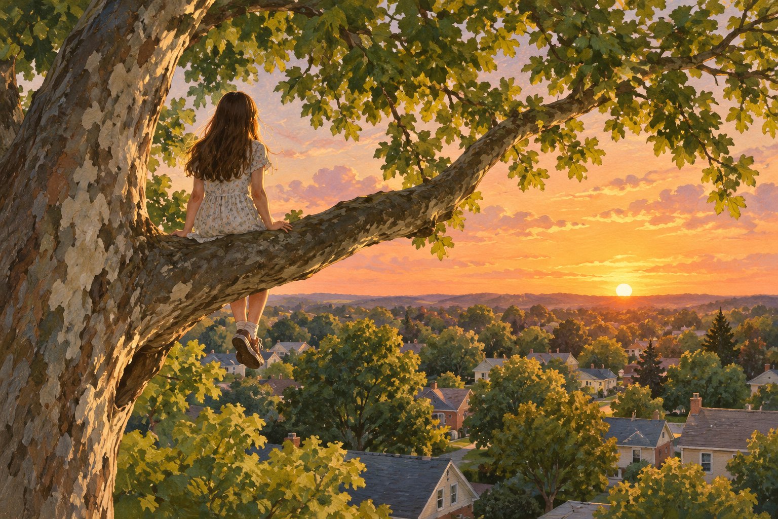 原创概念插画:少女坐在大树枝头,眺望夕阳下的住宅与远方