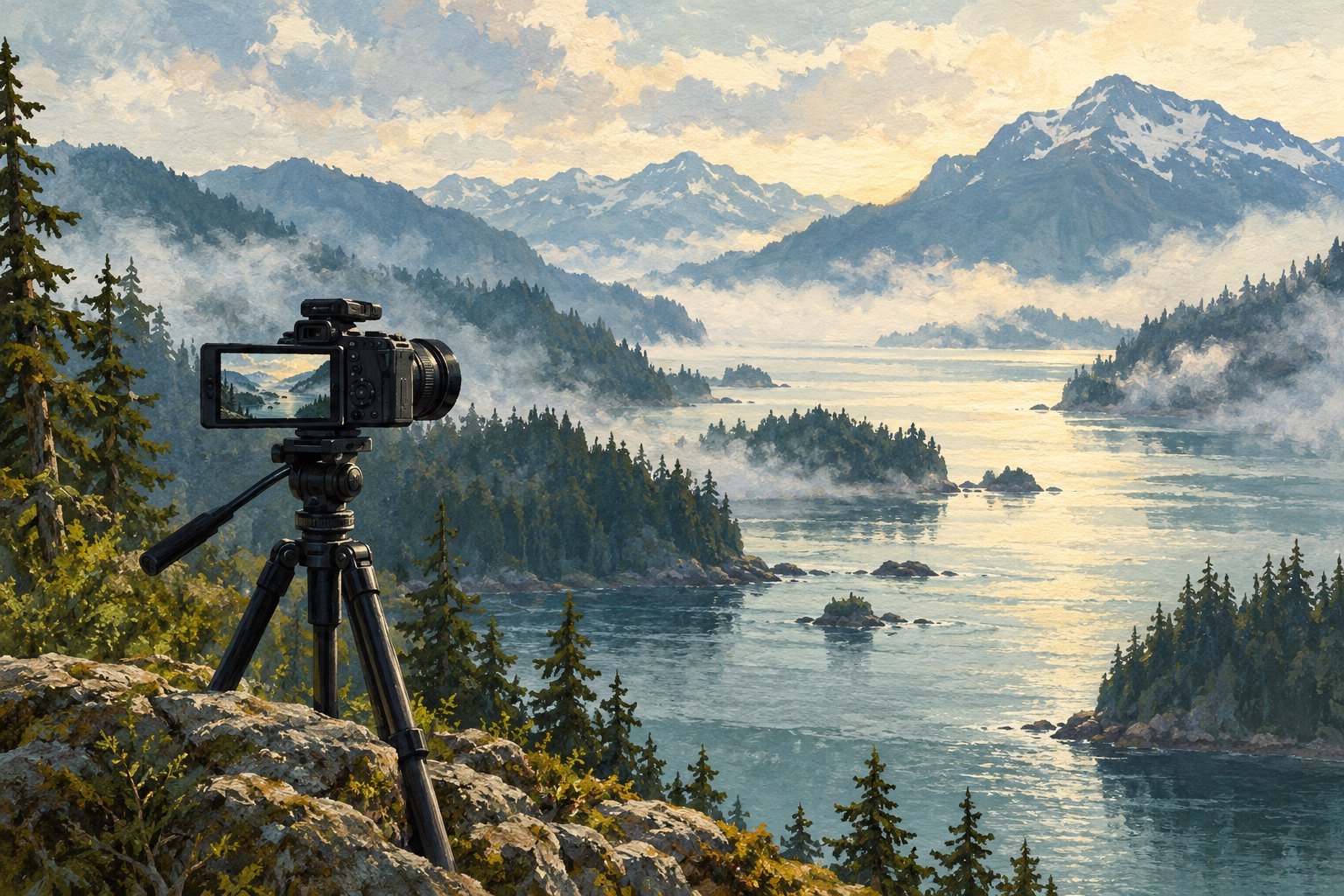 Conceptual illustration of a documentary camera overlooking a misty, forested coastal inlet.
