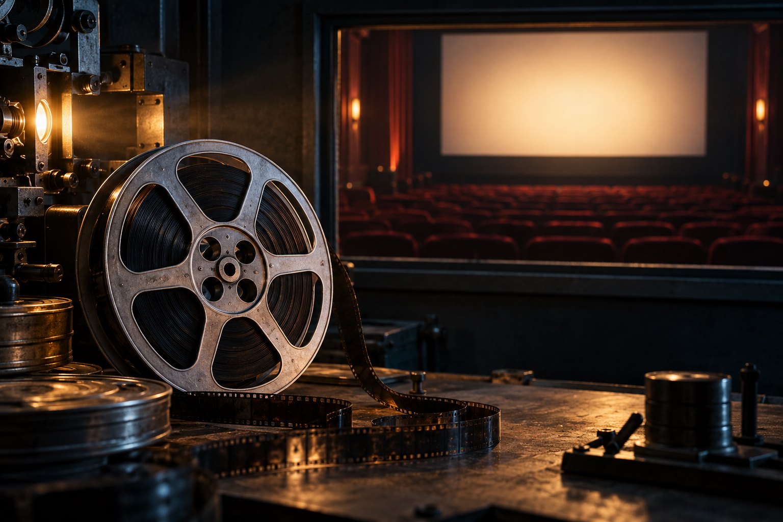 A metal film reel beside a projector overlooks an empty auditorium and a glowing movie screen.