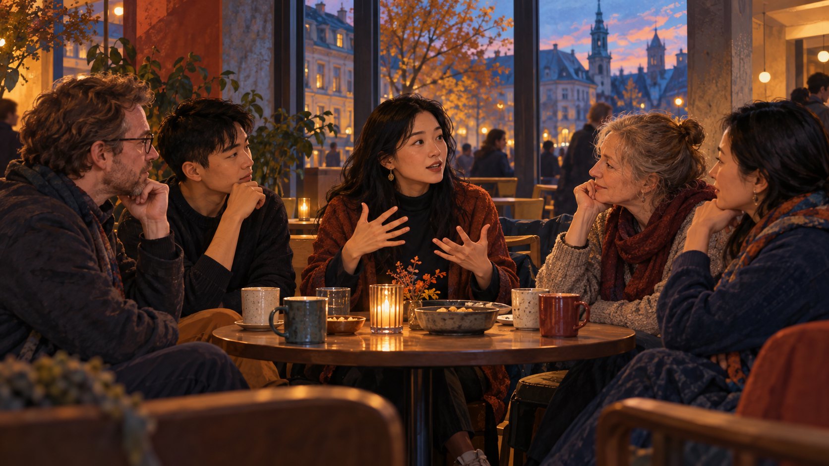 不同背景的觀眾圍坐分享觀影感受，為映後文化交流概念插圖，非活動實景