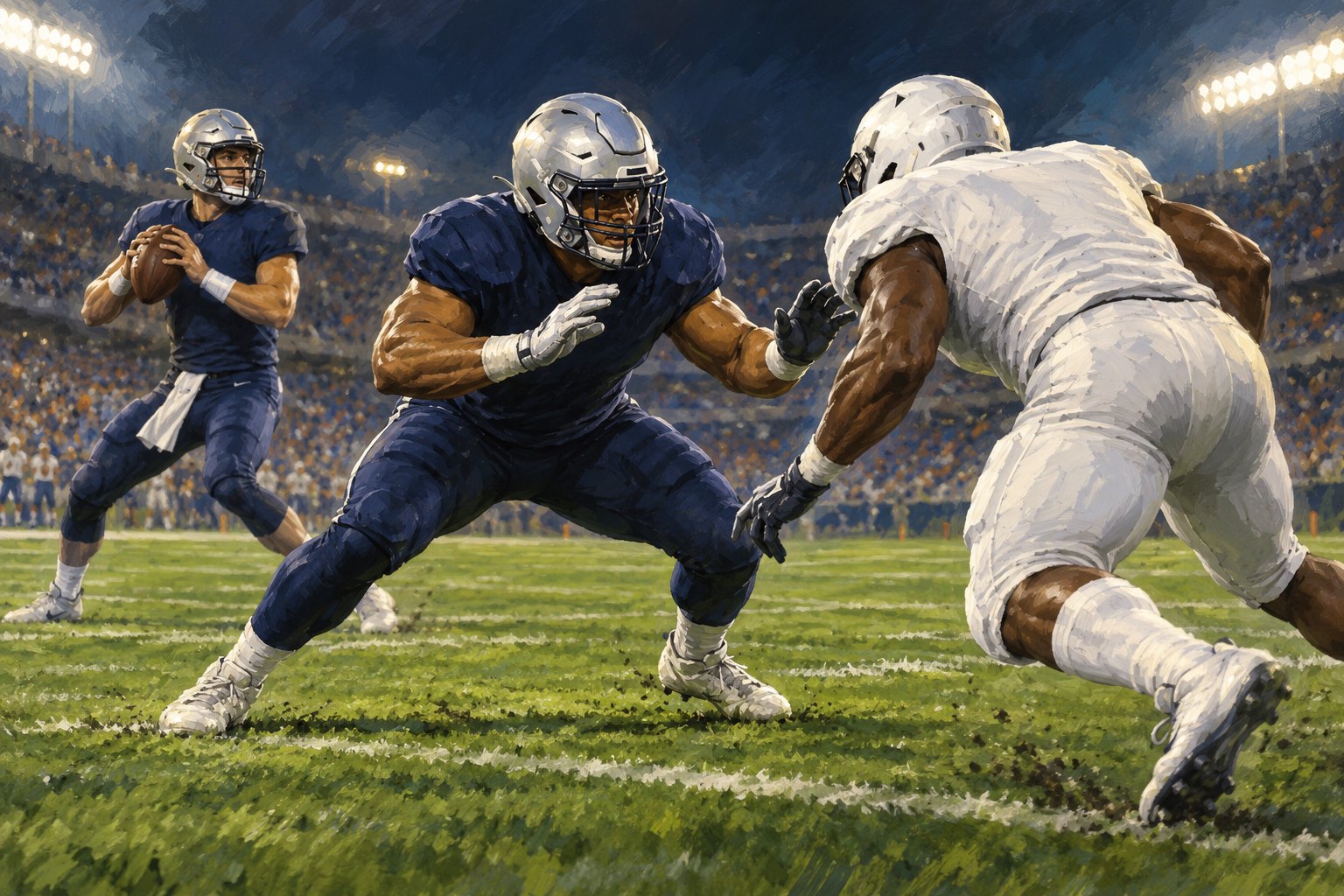 Illustration of a running back preparing to block a defender while a quarterback holds the ball behind him.