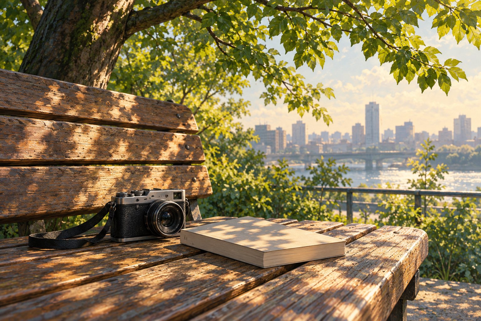 An analog camera and a plain paperback rest on a wooden park bench beneath sunlit leaves.