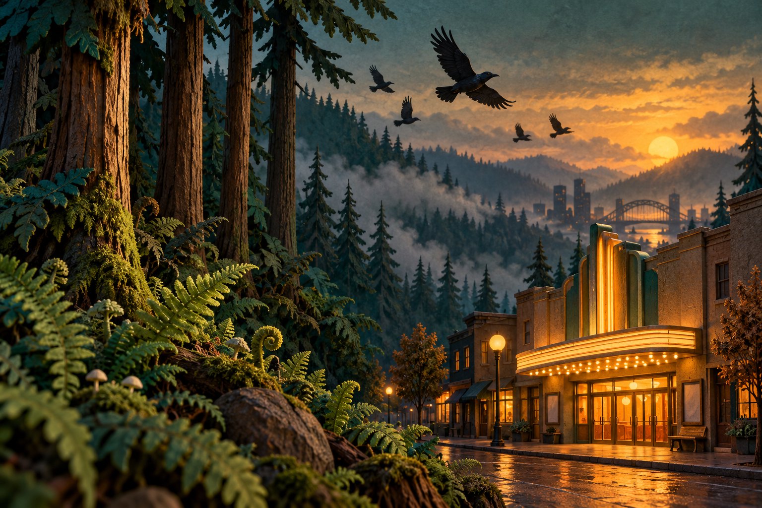 Conceptual illustration of a glowing neighborhood movie theater beside a misty evergreen forest with crows overhead.