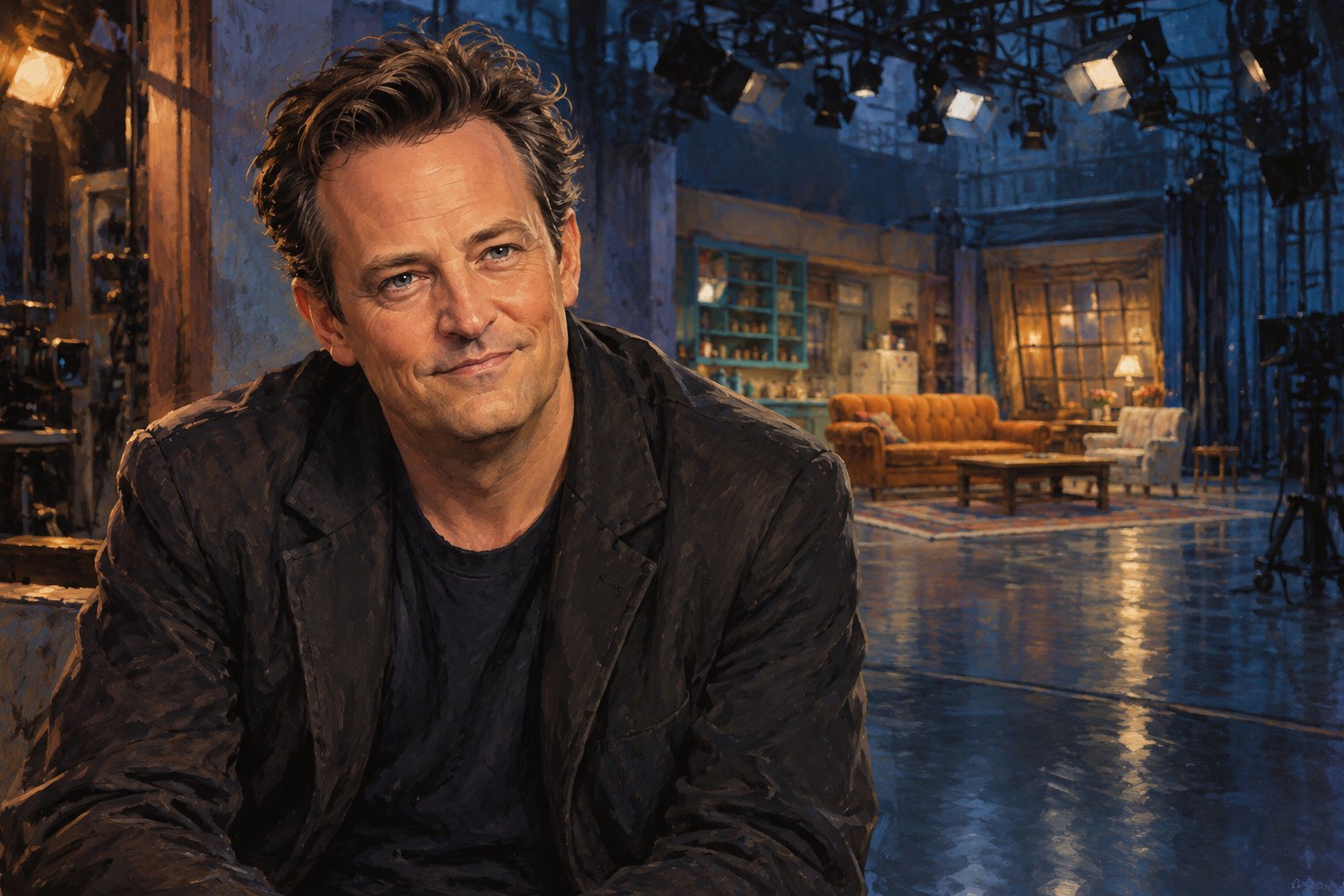 Painterly portrait of Matthew Perry beside an empty television soundstage illuminated by warm and blue studio lights.