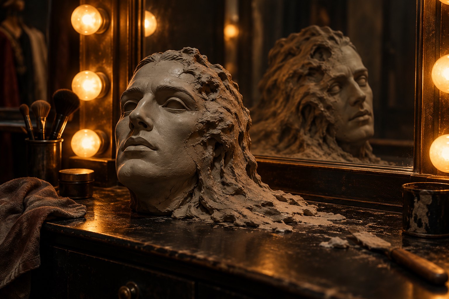 A partially crumbling clay face rests before a dressing room mirror surrounded by warm lights.