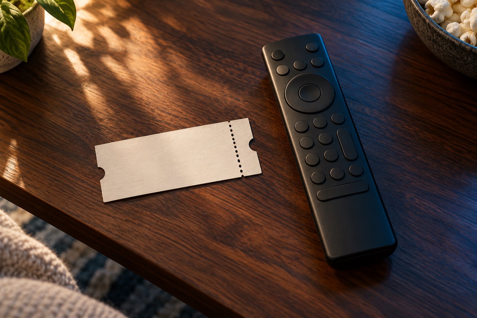 A blank cinema ticket and an unmarked television remote rest on a wooden table in warm light.