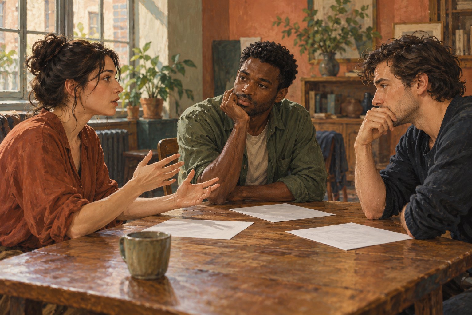 Conceptual illustration of three fictional performers rehearsing around a wooden table, with two listening as one speaks.