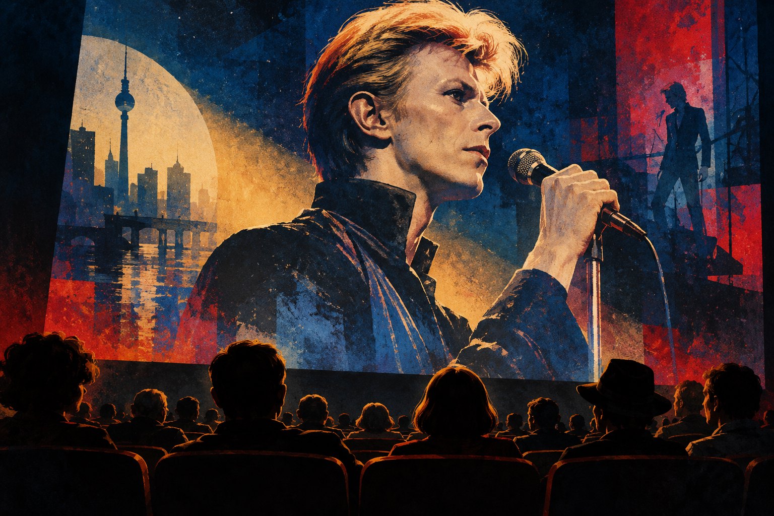 Conceptual illustration of David Bowie holding a microphone above silhouetted cinema spectators in blue and amber light.