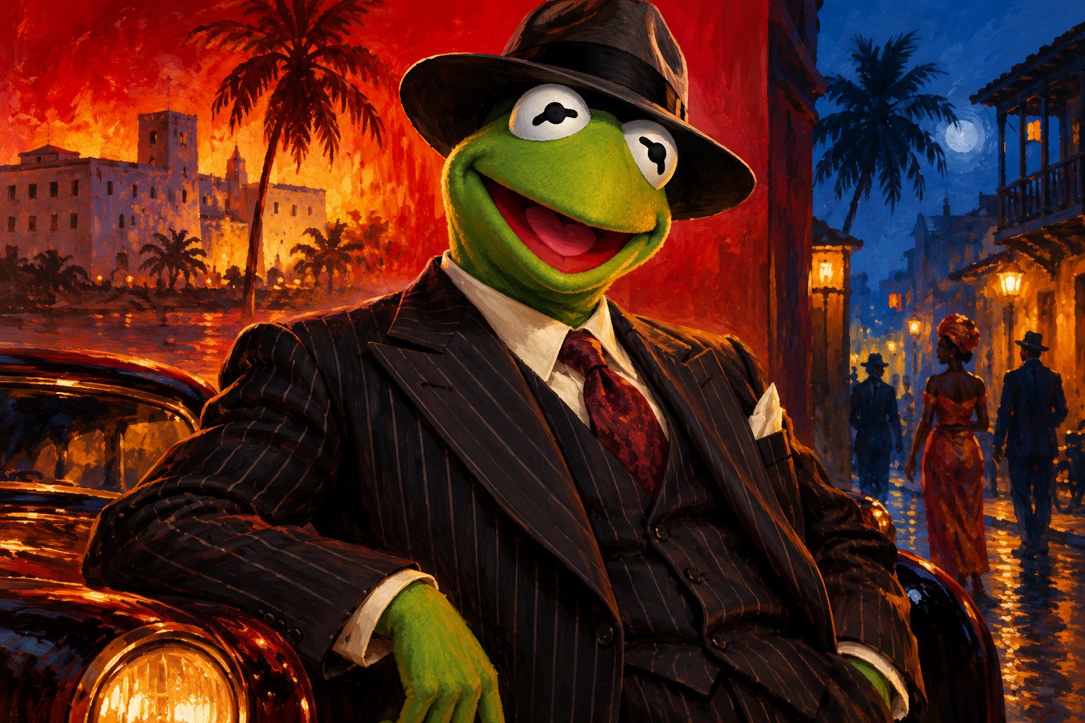 Concept illustration of Kermit in a pinstripe suit and fedora against a red and blue cinematic cityscape, not a historical poster reproduction.