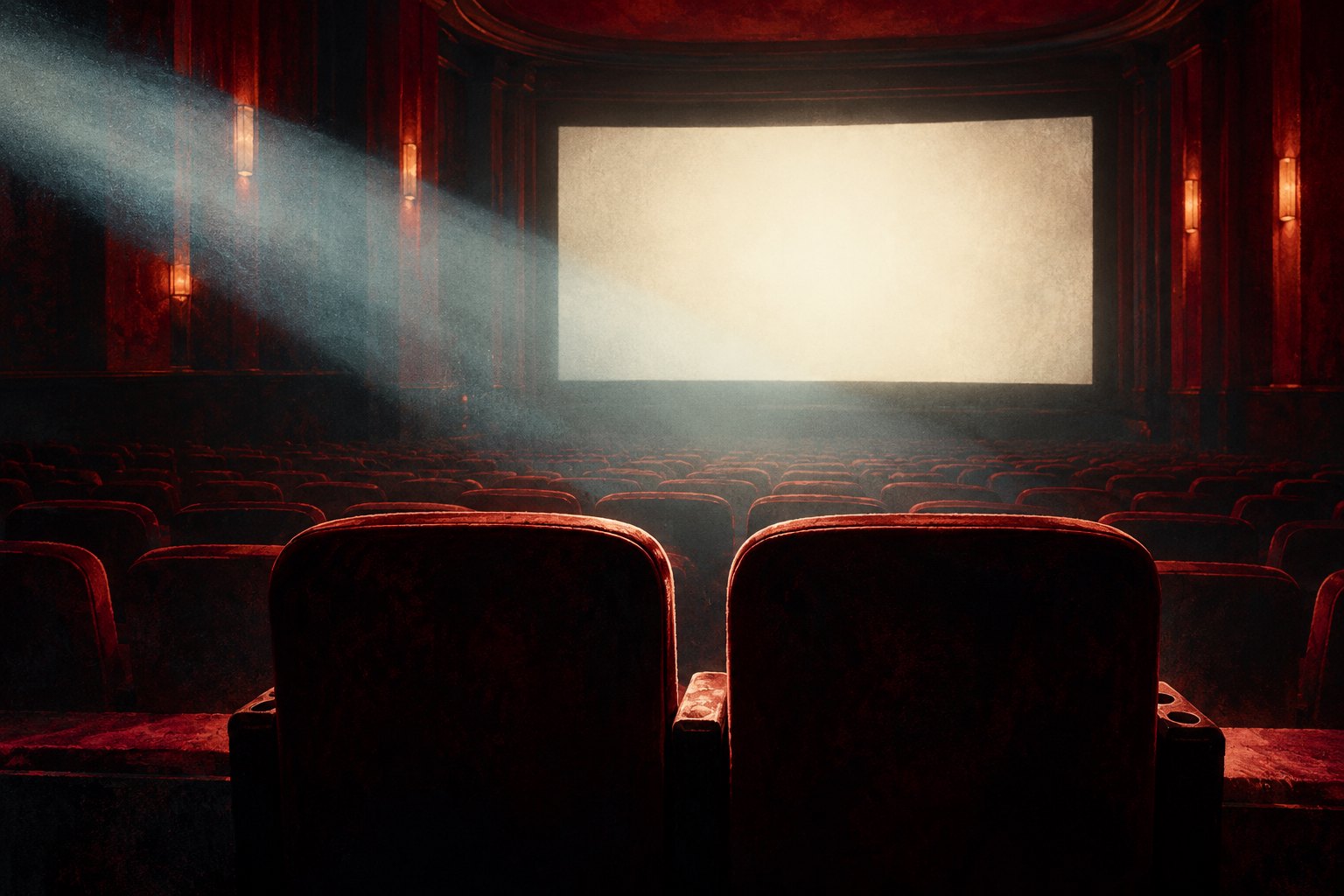 Conceptual illustration of an empty cinema with foreground seats silhouetted against a glowing blank screen.