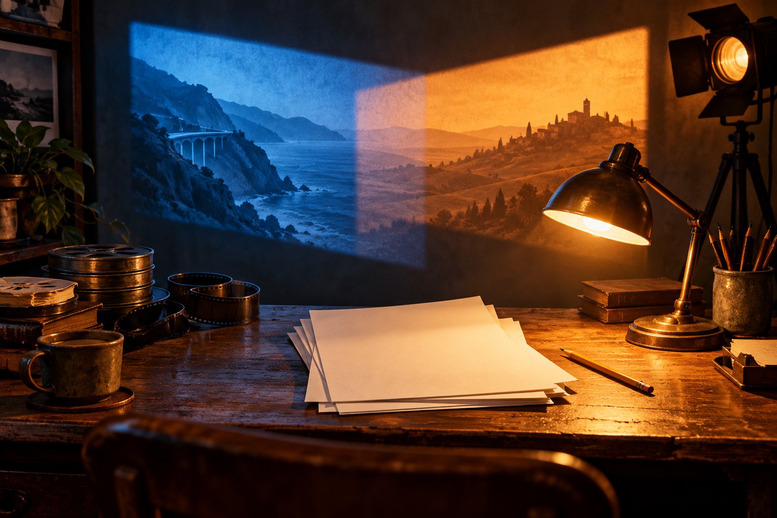 Conceptual illustration of blank screenplay pages and a pencil on a lamplit desk beneath overlapping blue and amber light.