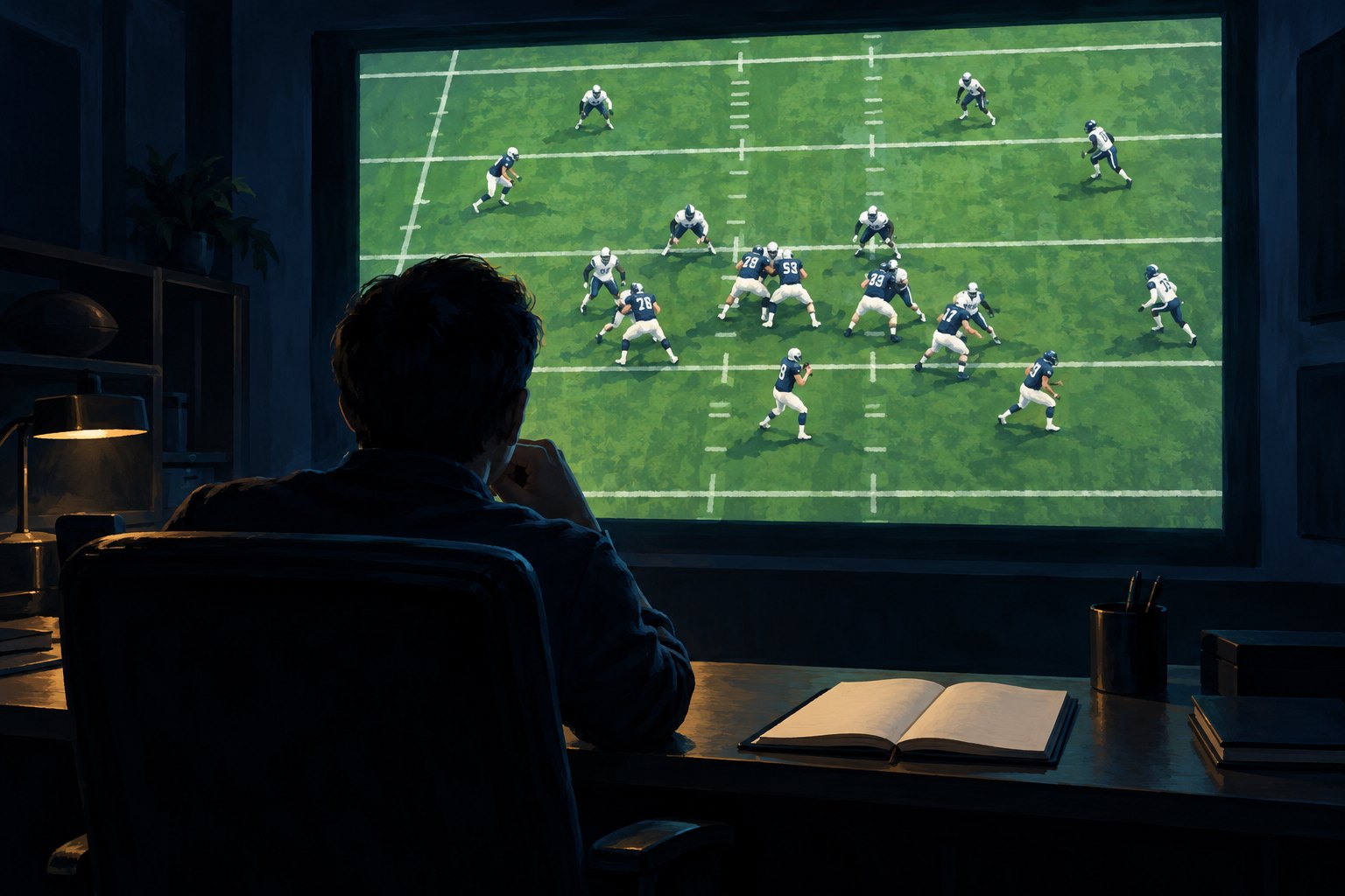 Illustration of a seated viewer studying an overhead football play on a large screen in a dark room.