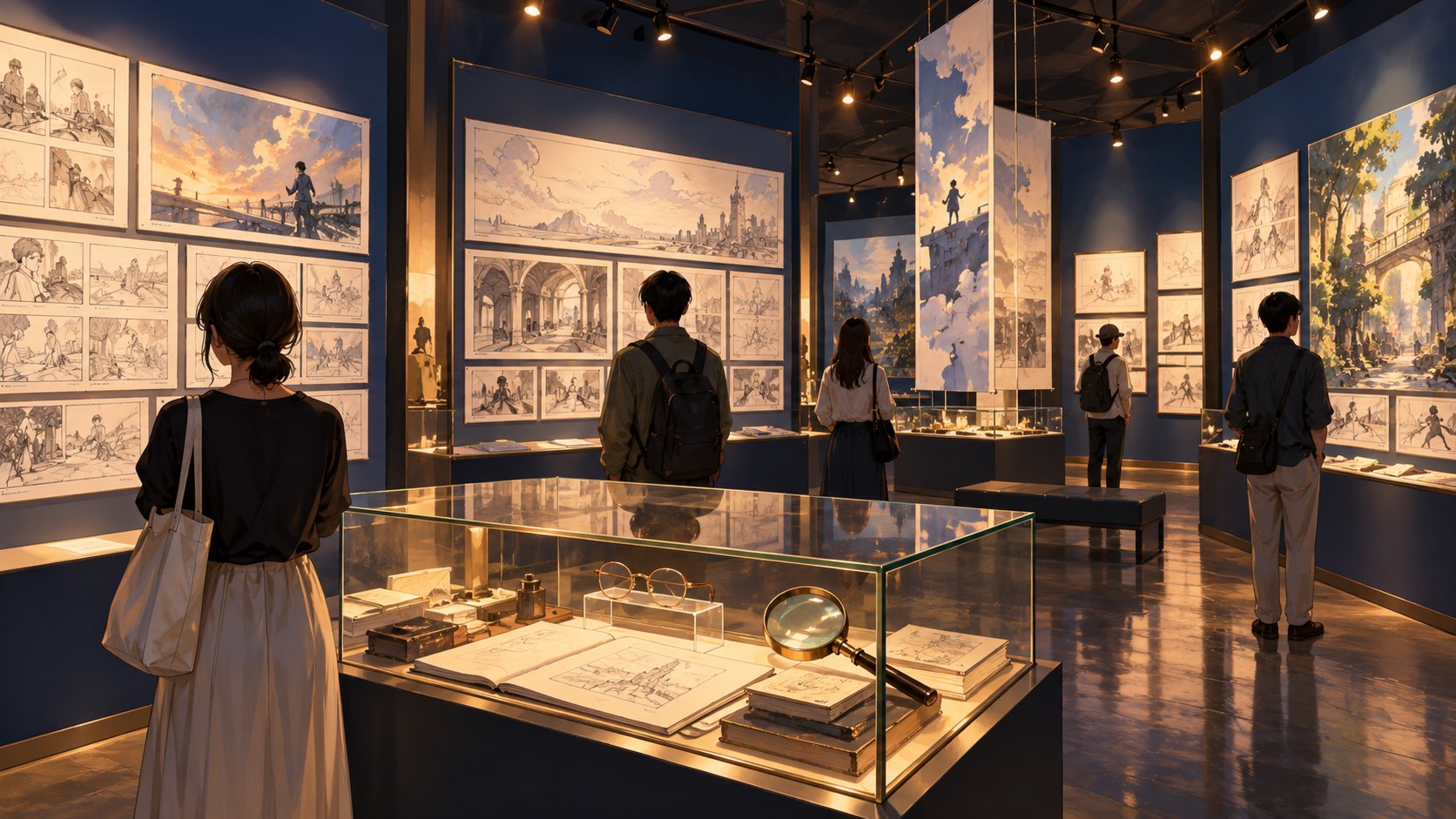 觀眾欣賞動畫分鏡與偵探道具的展覽空間概念插畫,非實際展場。