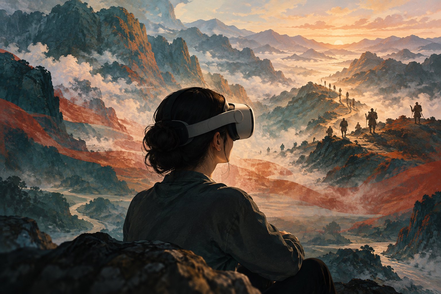 佩戴VR头显的观众与山路行旅剪影交叠的概念插画,非《生死传令》剧照