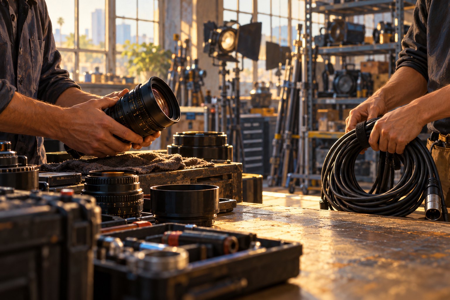 Editorial illustration of film technicians inspecting a cinema lens and coiling a cable at a sunlit equipment workshop.