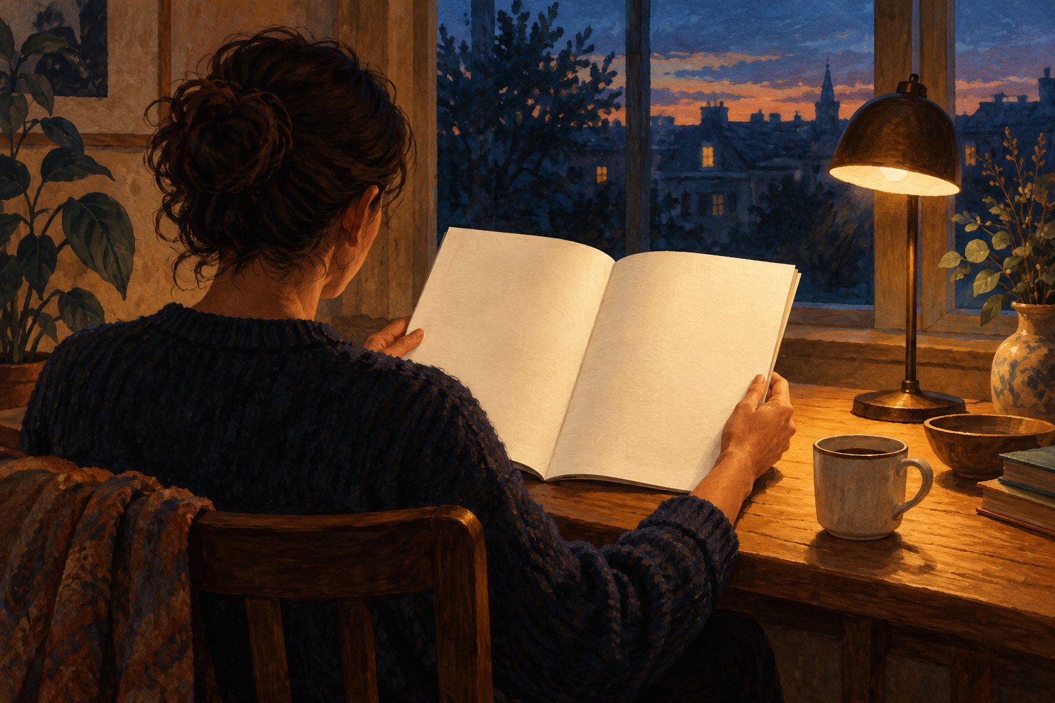 A reader studies blank cream pages at a wooden table beside a glowing lamp and a window at dusk.