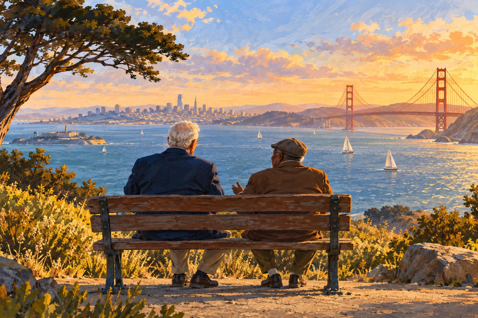 Conceptual illustration of two older friends sharing a waterfront bench with the Golden Gate Bridge in the distance.