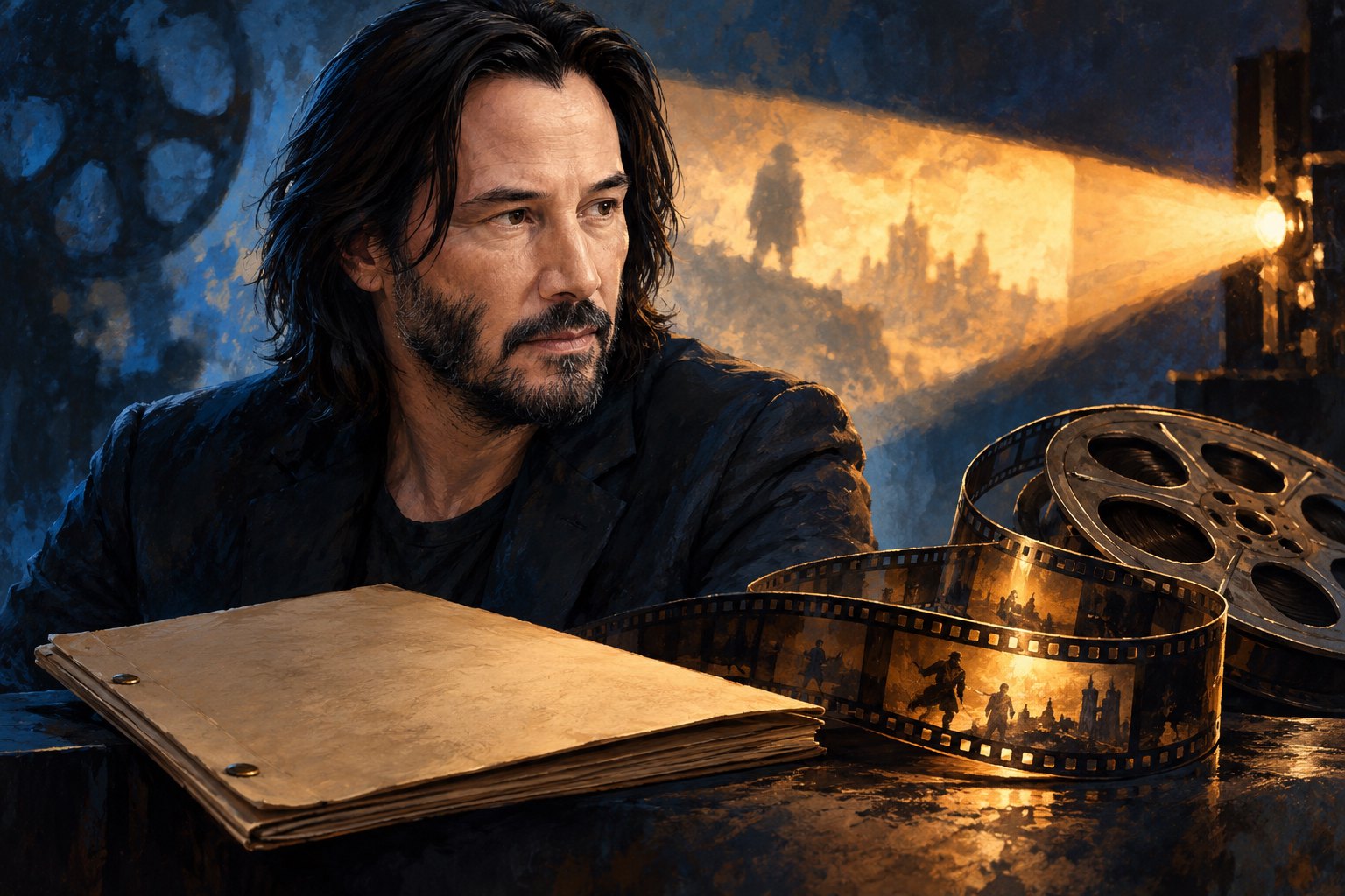 Painterly portrait of Keanu Reeves beside an unmarked screenplay folder and film reel in blue and amber light.