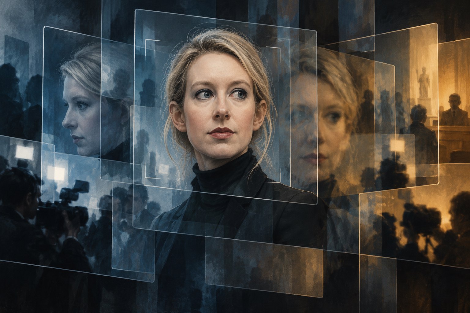 Editorial illustration of Elizabeth Holmes surrounded by overlapping translucent panes and silhouettes of cameras.