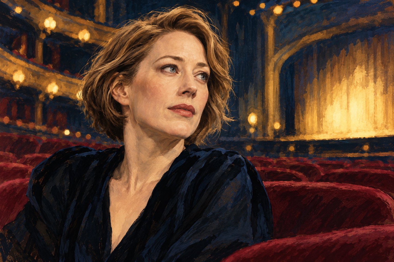 Painted portrait of Carrie Coon against burgundy theater seats and warm golden stage lights.