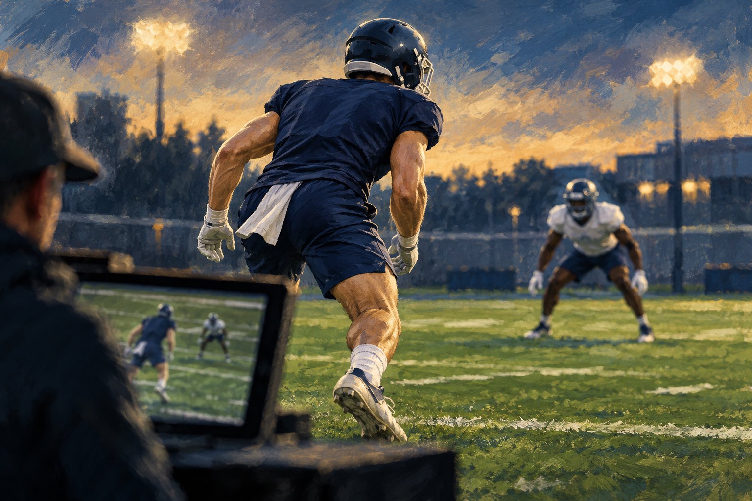 Conceptual illustration of an anonymous tight end on a practice field with a film-study screen in the foreground.
