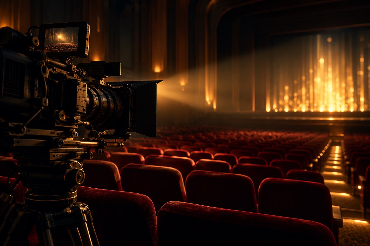 A documentary camera overlooks burgundy theater seats beneath a warm projector beam in a conceptual illustration.
