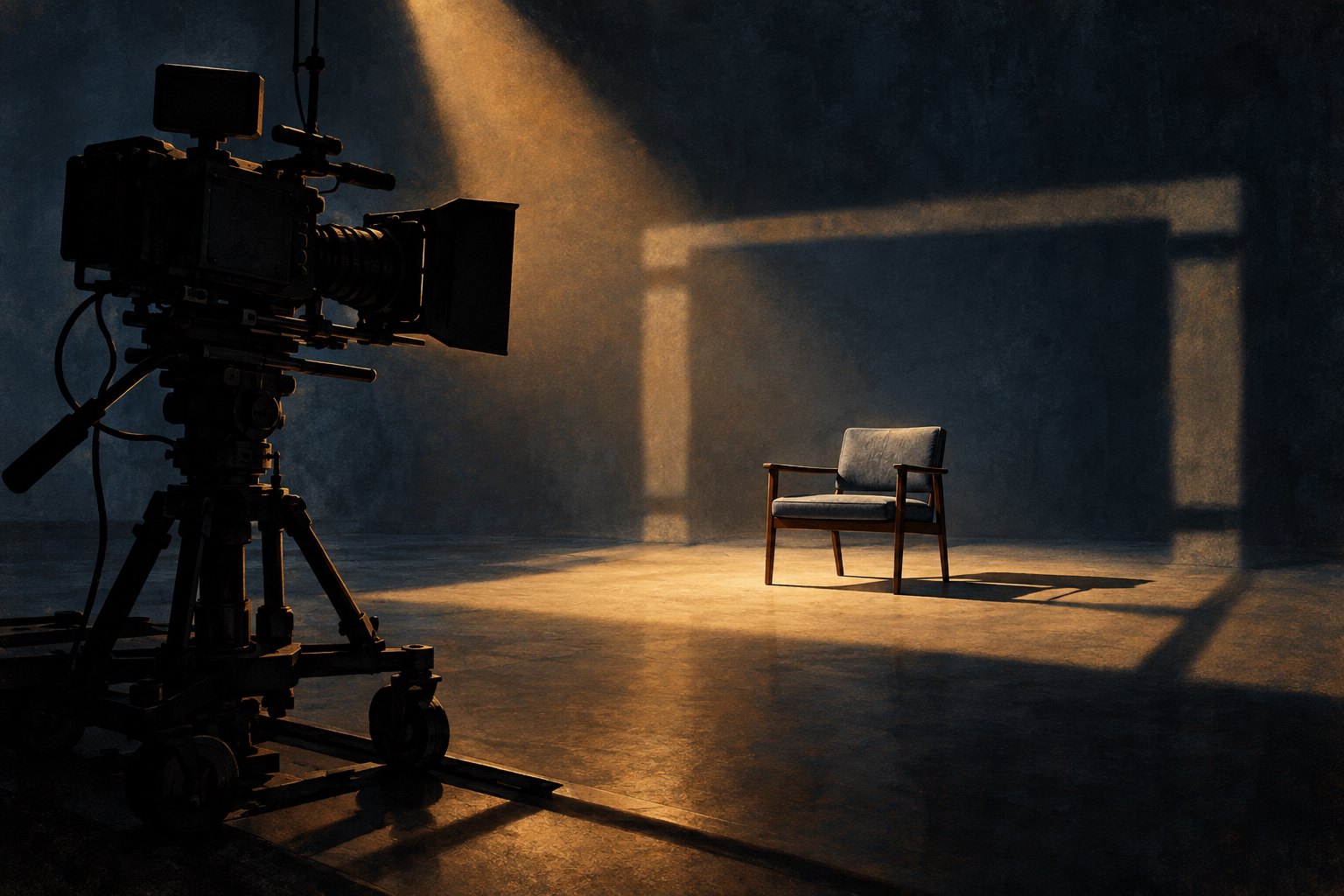 Conceptual illustration of a cinema camera facing an empty interview chair beneath an amber spotlight.