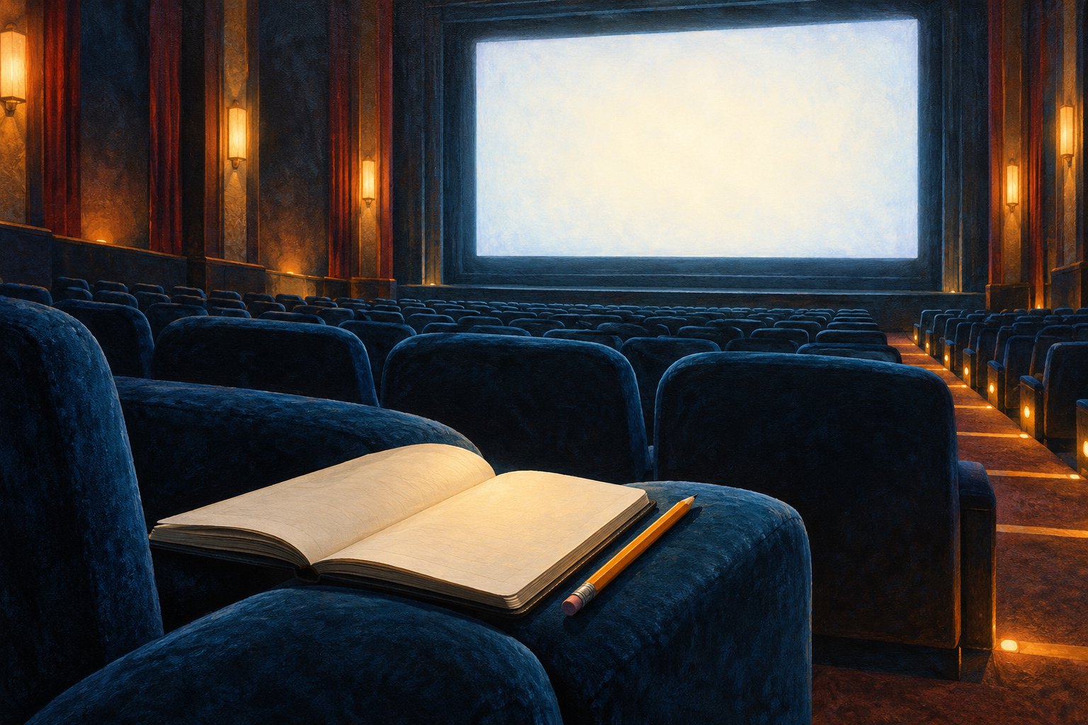 Illustration of an open notebook and pencil overlooking blue cinema seats and a glowing blank screen.