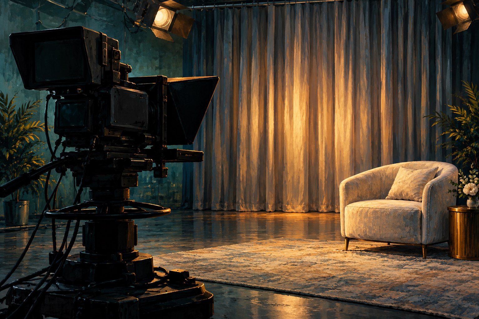 Conceptual illustration of a television camera facing an empty armchair and closed curtains under warm studio lights.