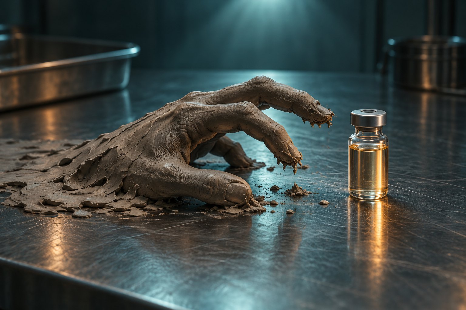 Conceptual illustration of a crumbling clay hand reaching toward a glass vial on a steel laboratory table.