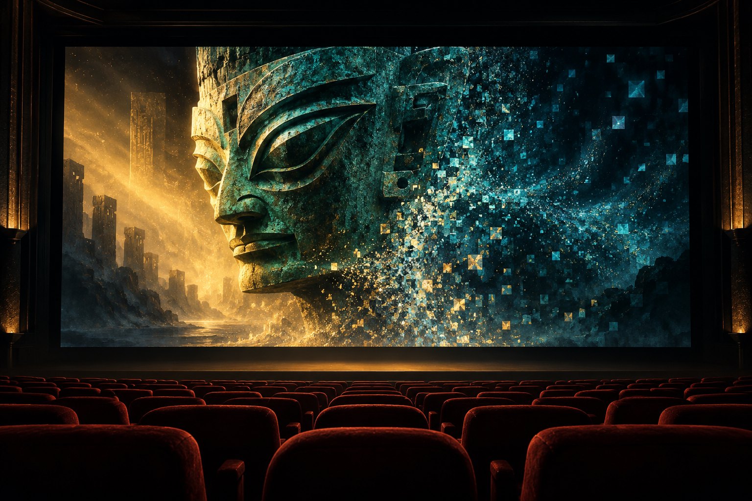 概念插画：暗红色影院座椅前，银幕上的青铜面具逐渐化为数字粒子