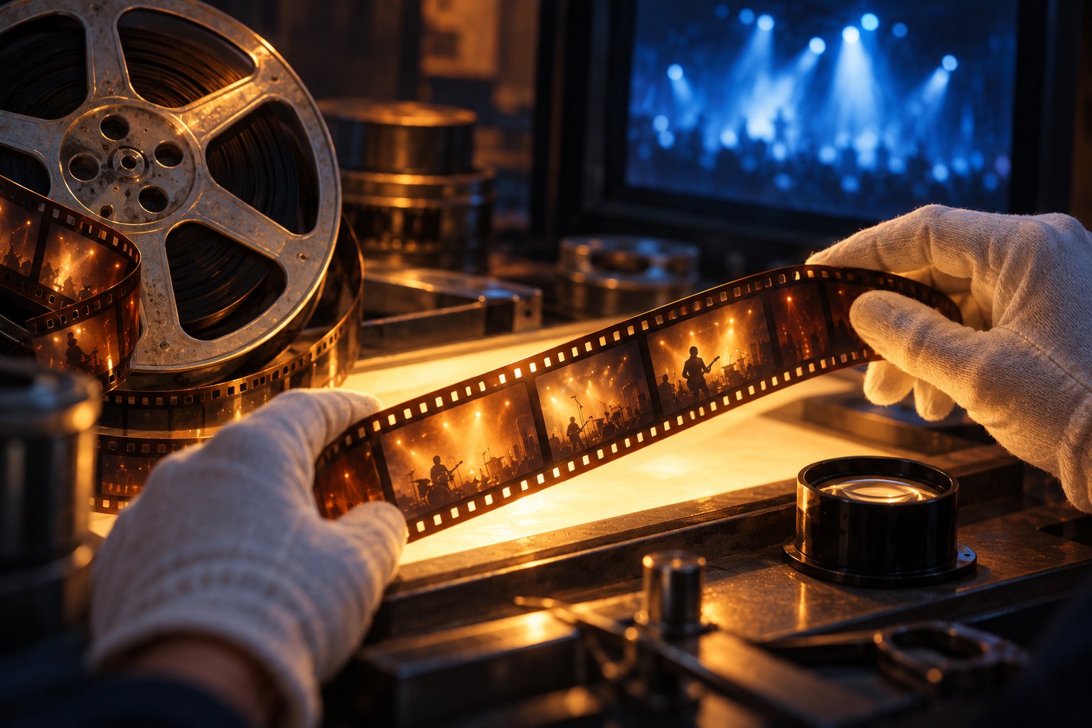 Conceptual illustration of gloved hands examining concert film beside a metal reel and an illuminated editing bench.