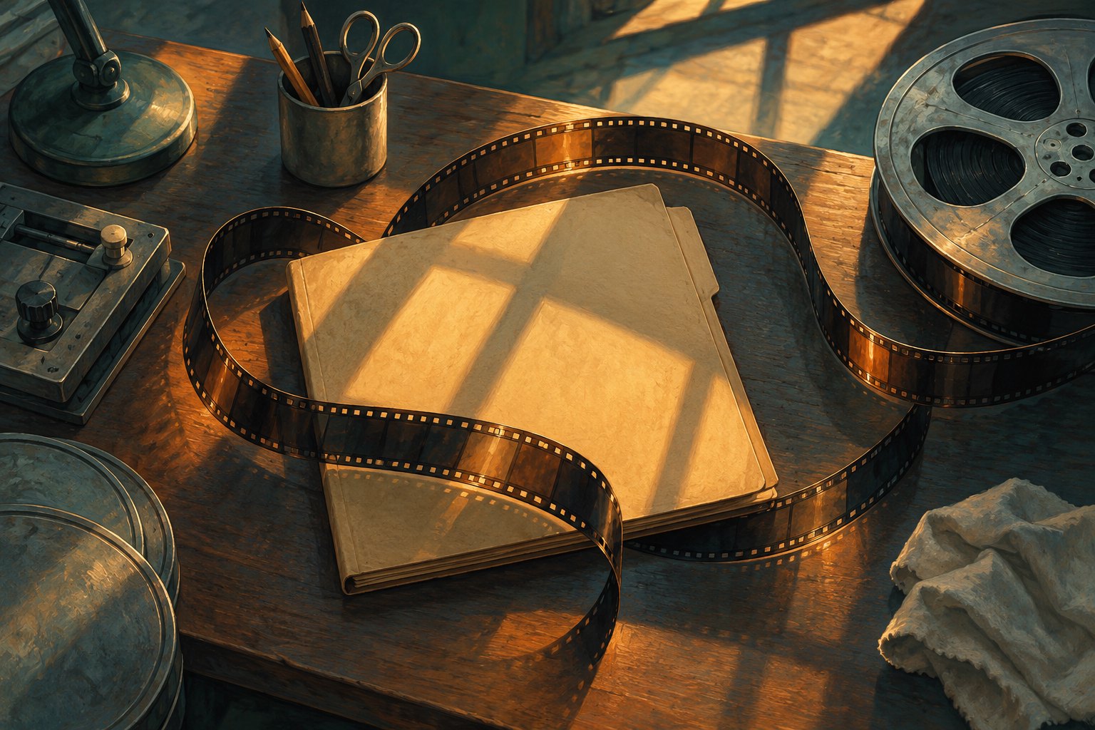 Conceptual illustration of a film strip, an unmarked folder, and a metal reel on an editing table.