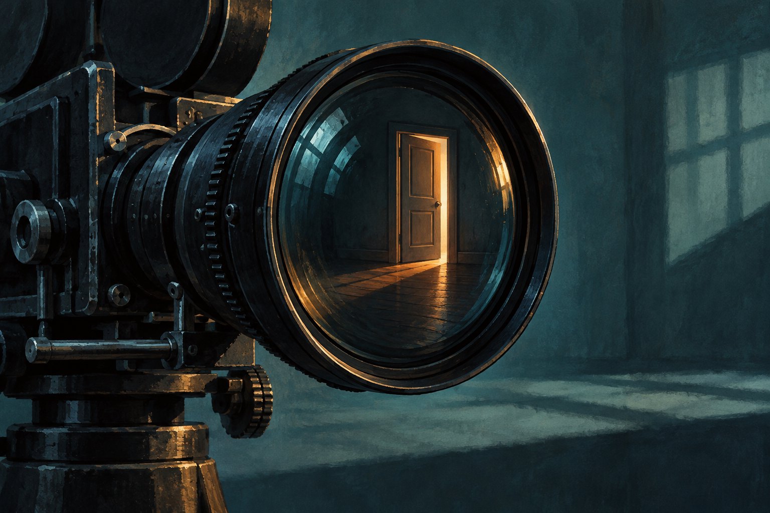 Conceptual illustration of a cinema camera lens reflecting a partly open door and a narrow wedge of warm light.
