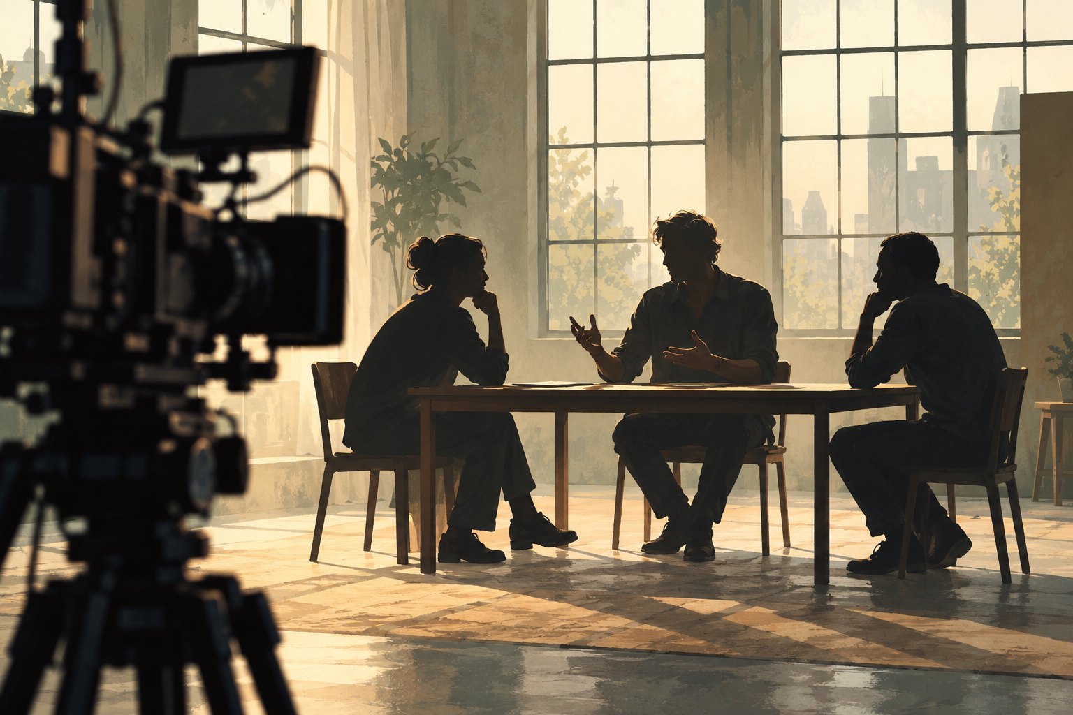 Conceptual illustration of three anonymous performers rehearsing around a table, viewed past a cinema camera.