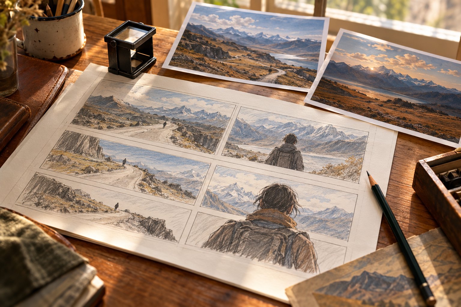 木桌上的山地风景图、人物分镜与取景器概念插画,呈现从选景到叙事的构思