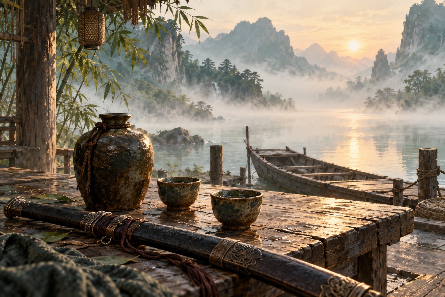 原创武侠意象插画:江边木桌上的酒壶、双杯与归鞘长剑,远处空舟隐入晨雾