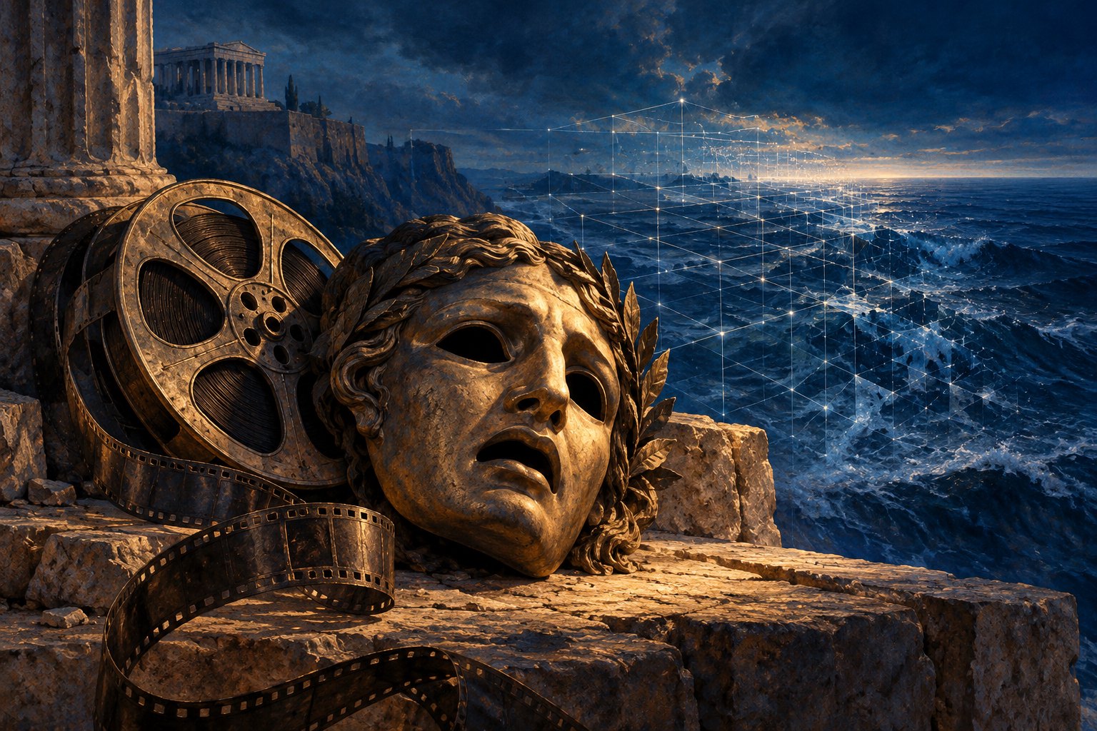 Conceptual illustration of an ancient Greek theatrical mask beside a film reel, with a luminous geometric grid fading into a dark sea.