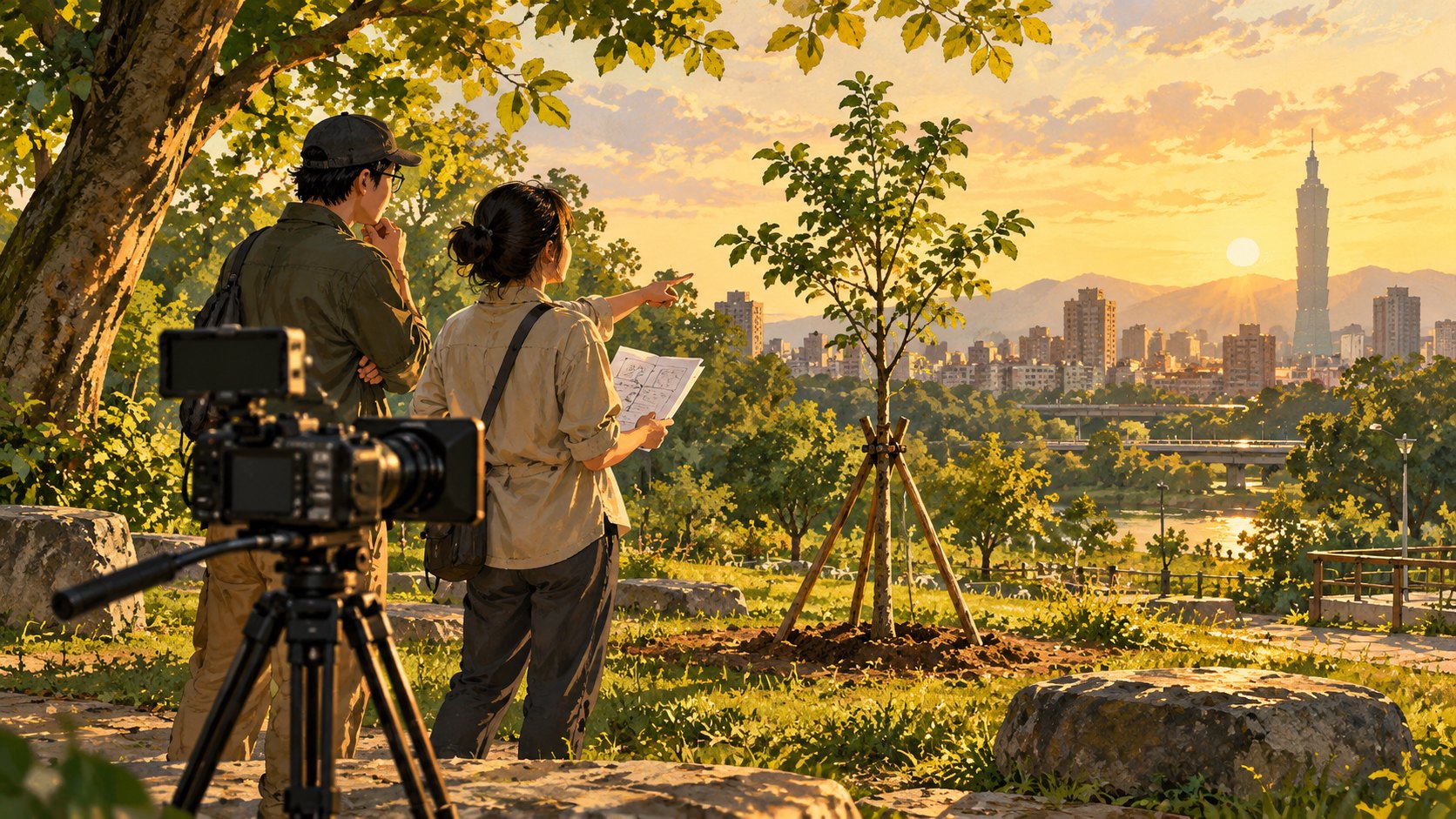 植樹短片拍攝構想示意：攝影機架在都市公園，創作者觀察樹苗與周遭環境