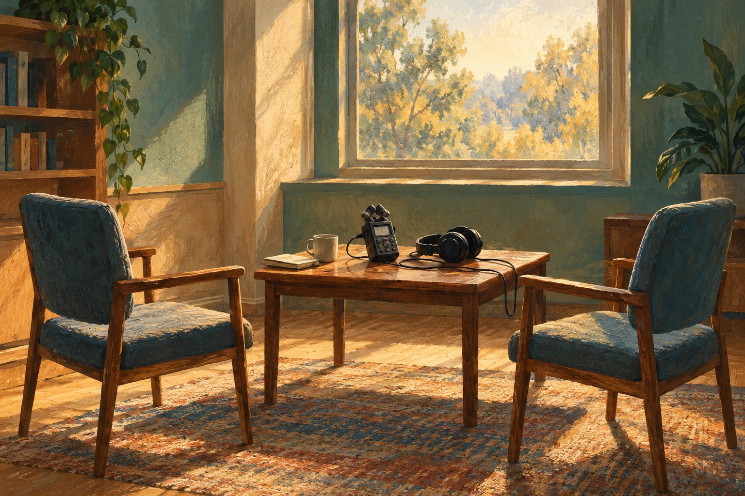 Conceptual illustration of two empty chairs beside an audio recorder in a softly lit interview room.