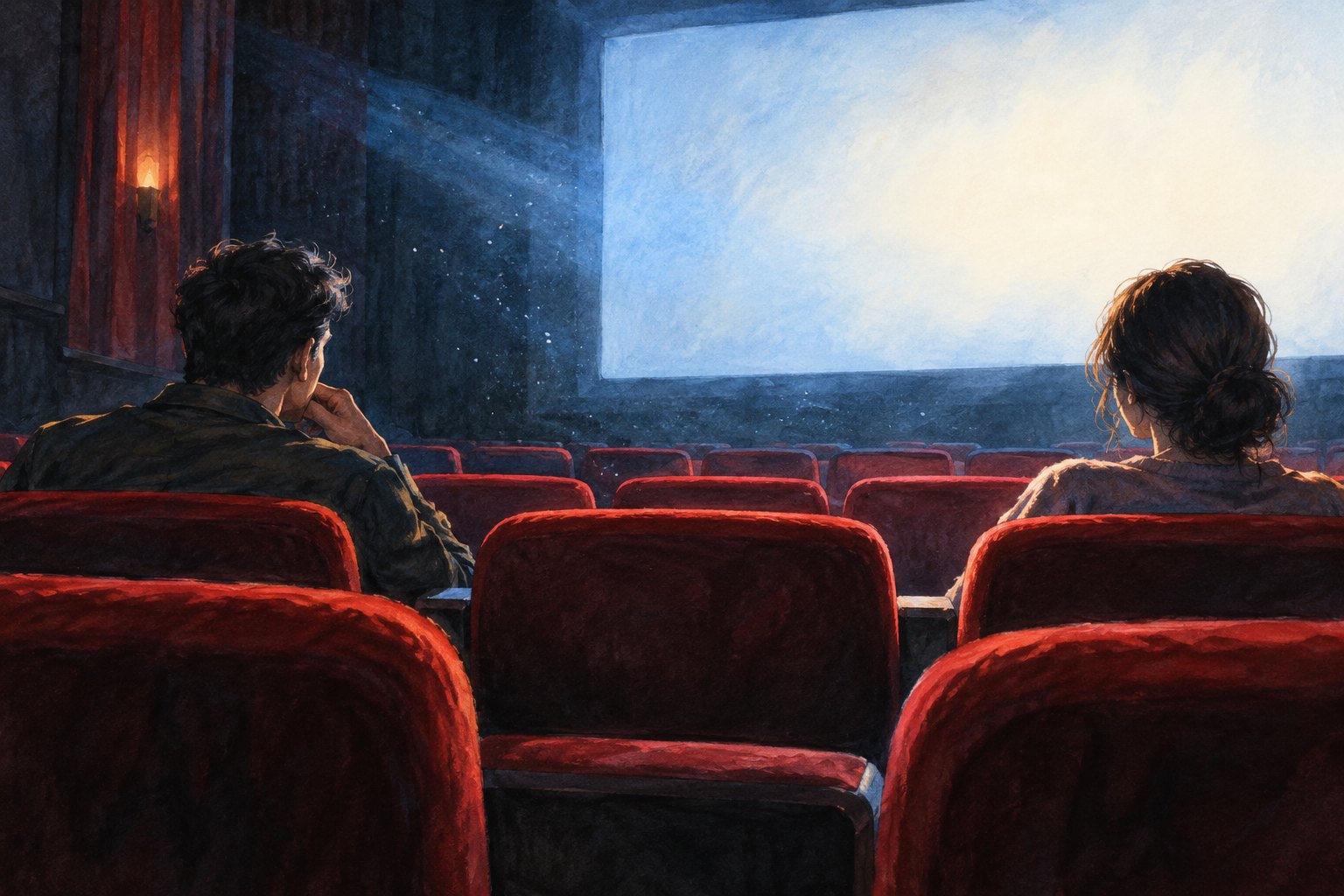 观影主题概念插画:两位观众隔着空座望向明亮银幕,红色座椅与蓝色放映光形成对照