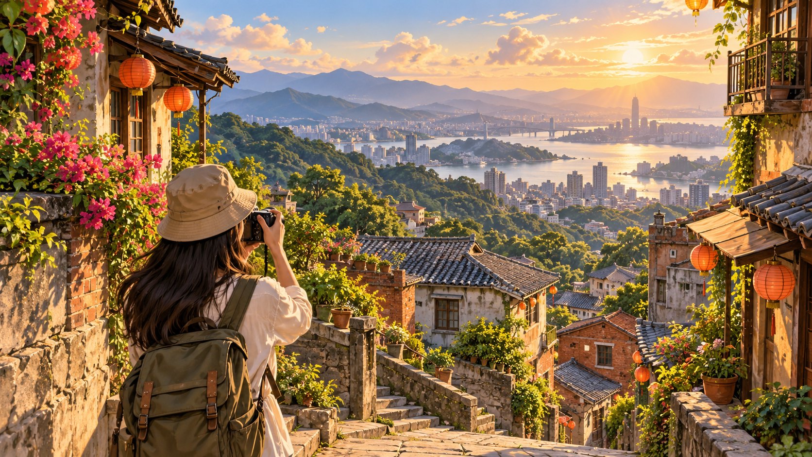 旅人拿著相機記錄山城巷弄與遠方城市風景，為影視場景巡禮概念插畫，非活動指定地點